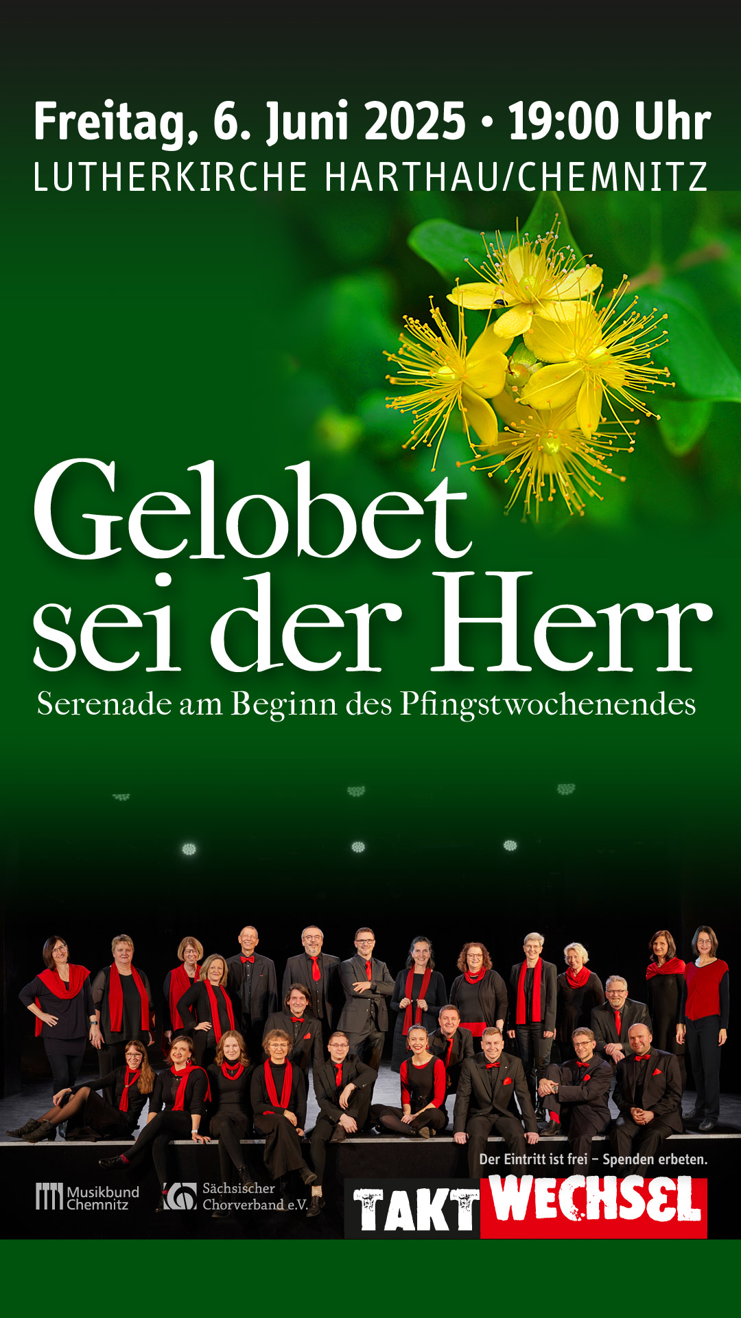 Gelobet sei der Herr – Lutherkirche Harthau, 6.6.2025 Konzertankündigung für das Konzert am 6.6. mit Johanneskrautblüte